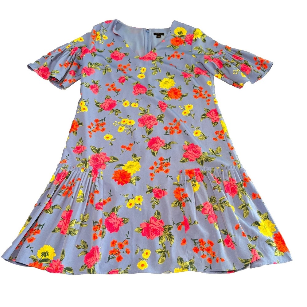 Ann Taylor light blue colorful floral flounce ruffled sleeve swing dress 4